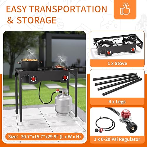 Miniatura 2 de Estufa de gas de 2 quemadores, quemador de propano para exteriores de alta presión con patas desmontables, estufa de campamento de 150,000 BTU,