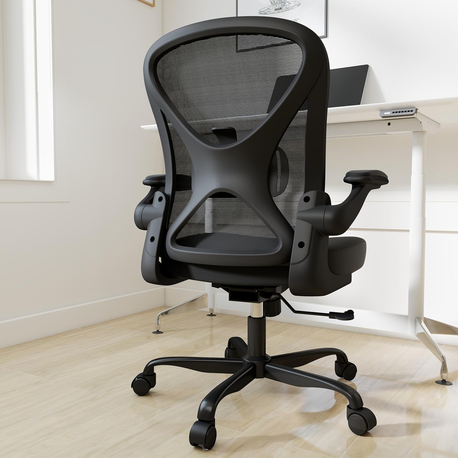 Ergonomic Office Chair with Adjustable Lumbar Support, Mesh Home Office Desk Chair with Flip-up Arms and Wheels, Black image 5