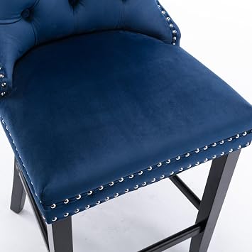 Contemporary Velvet Upholstered Barstools with Button Tufted Decoration and Wooden Legs, and Chrome Nailhead Trim, Leisure Style Bar Chairs,Bar stools, Set of 2 (Blue)