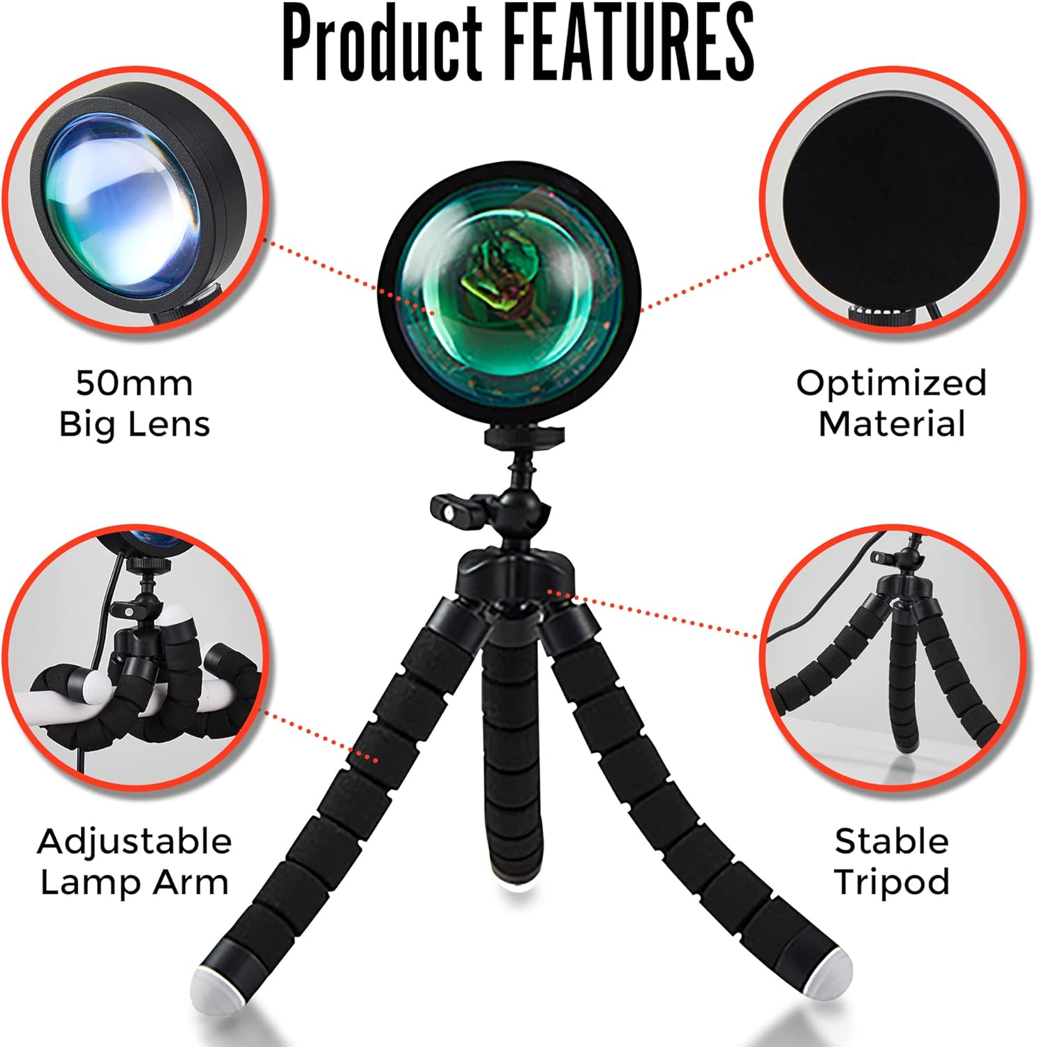 Modern Sunset Lamp 16 Color LED Projector 50MM Crystal Lens 9W Brighter Projection Lens. Mood Lighting Rainbow & Red Sun Display lamp. 360° Rotation App + Remote. Photography Living Room Bedroom Decor