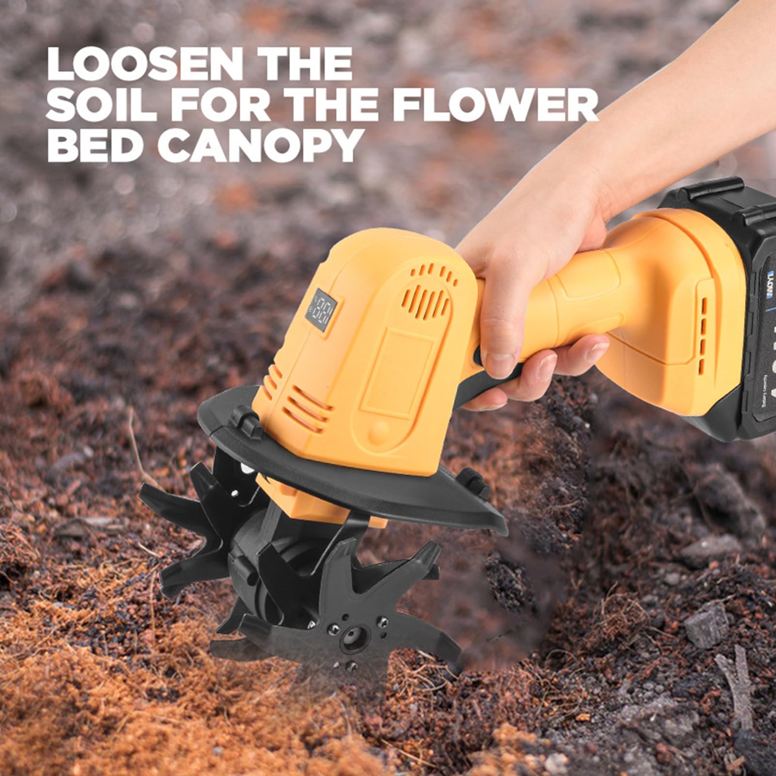 Cultivador de Mano de 16,8 V/21 V, Minicultivador Inalámbrico con 2 Baterías, Ancho de Labranza de 12,8 Cm, Profundidad de 10,3 Cm, Rotavator Eléctrico de Jardín, Cultivador de Cultivadors 2*1500mAh