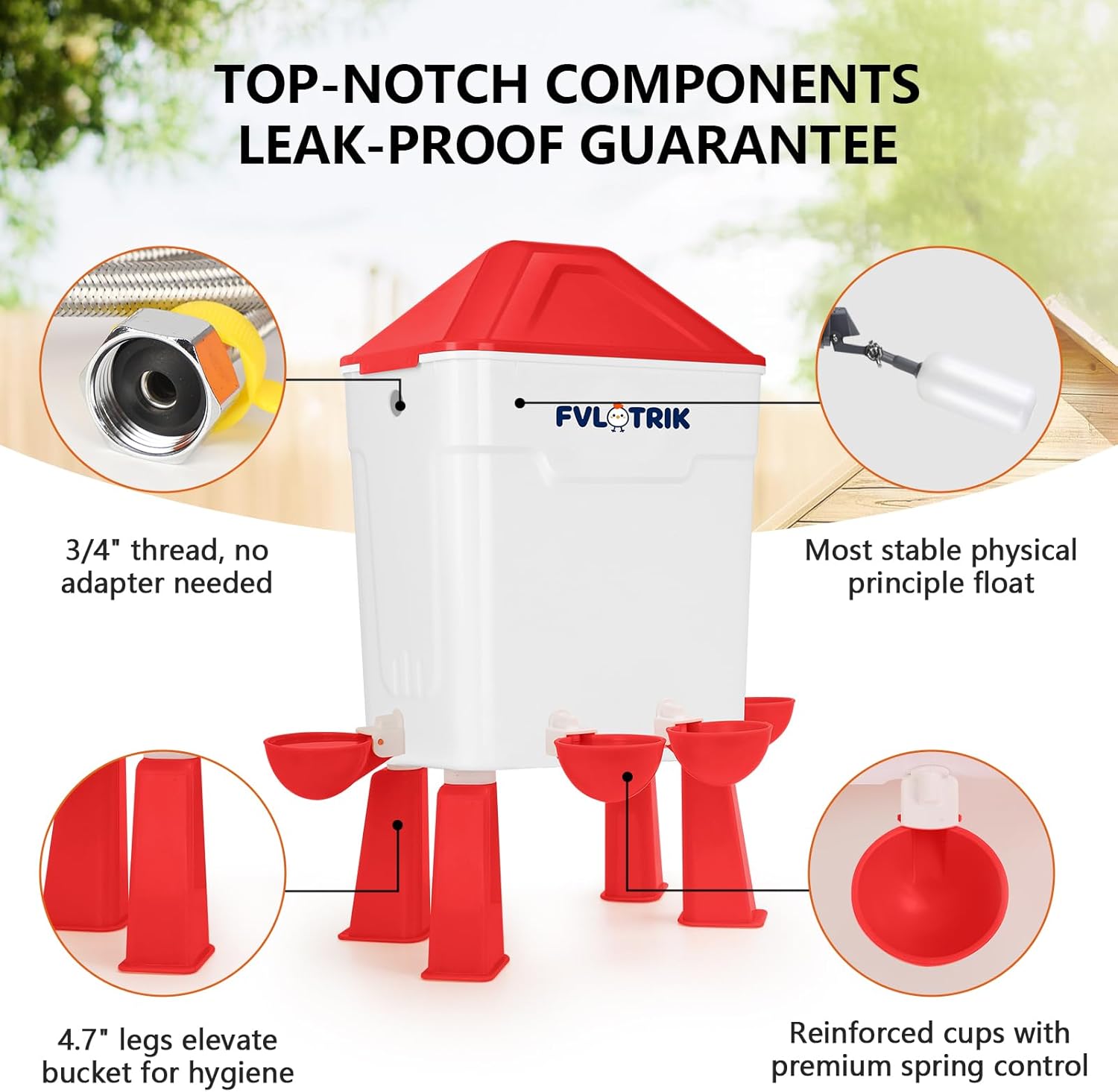 3 Gallon Automatic Chicken Waterer for Hands-Free Hydration, Float-Controlled Chicken Watering System with Leak-Proof Design, 2.75" Cups for All Poultry, 60" Hose for 3/4" Connections