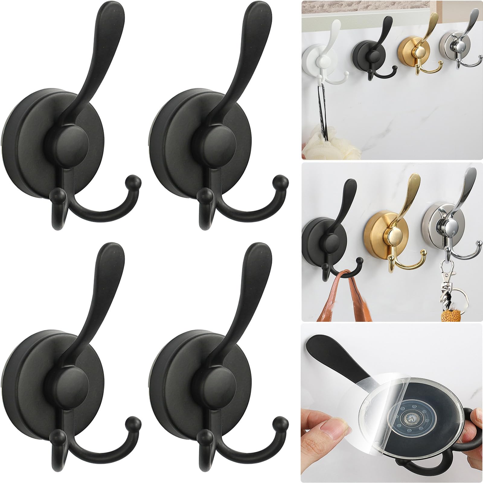 Boxonly No-Drill Suction Cup Duck Tongue Twin Hooks,2024 Upgraded Stainless Steel Waterproof Hooks for Bathroom,Shower,Kitchen,and Mirrors-Heavy Duty Towel Holders(4 Pcs