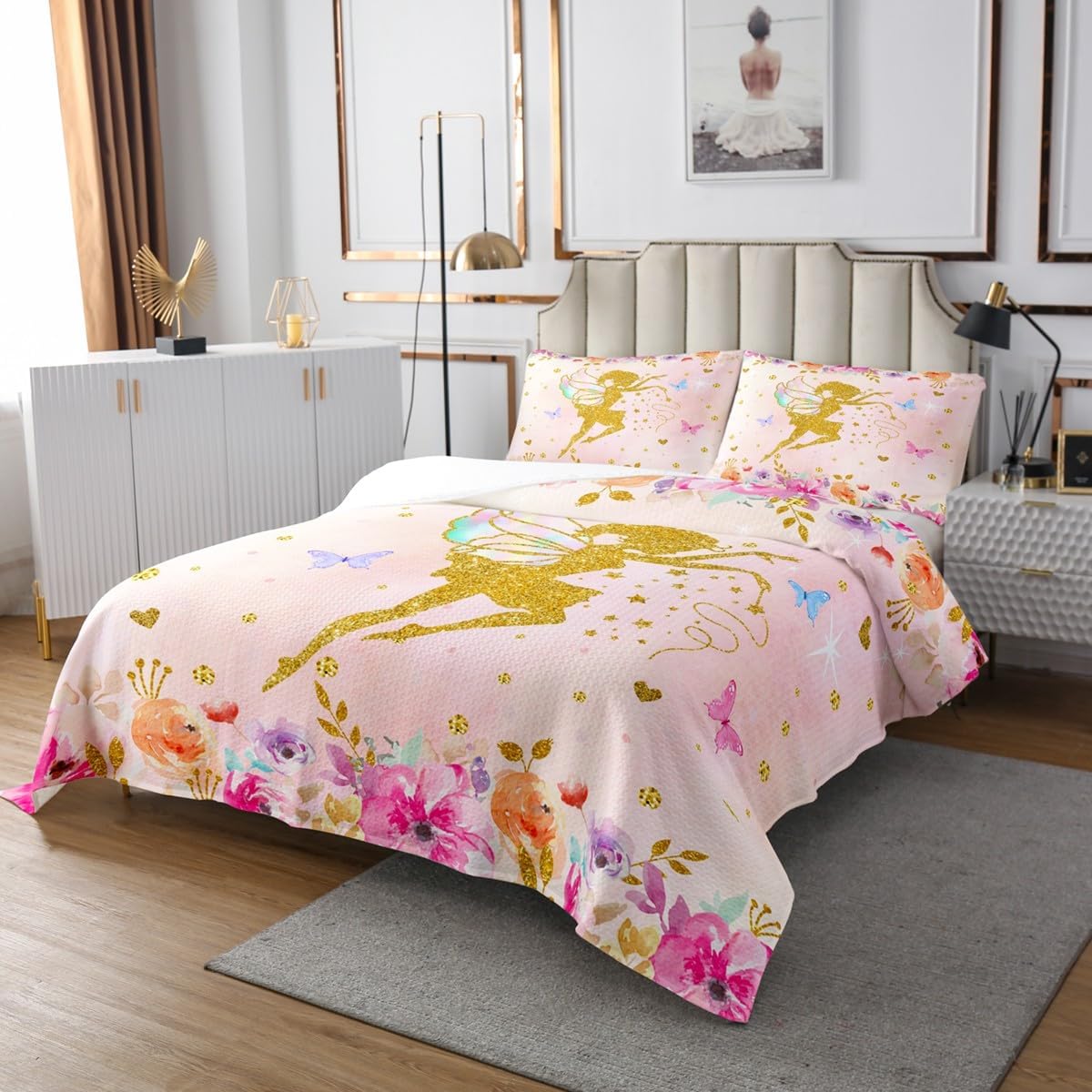 3 Piece Magical Girl Quilt Bedding Set Women Aldult Lightweight Bedding Flower and Butterfly Bedspread Set Watercolor Art Bedspread Coverlet Soft Microfiber Home Quilt Set for King Bed All Season
