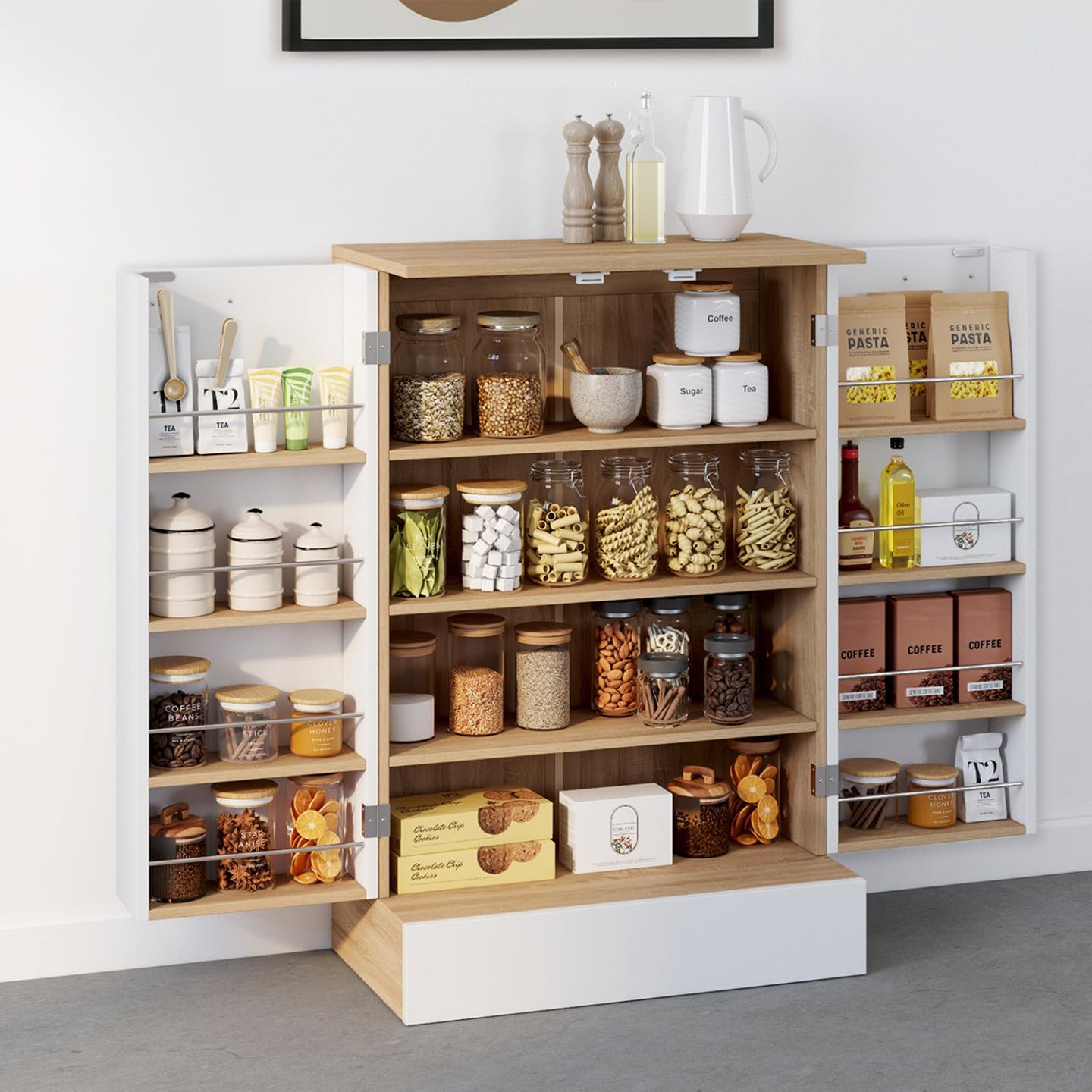 IDMarket - Buffet Bas de Cuisine Alto H.90 cm avec rangements Blanc et Bois