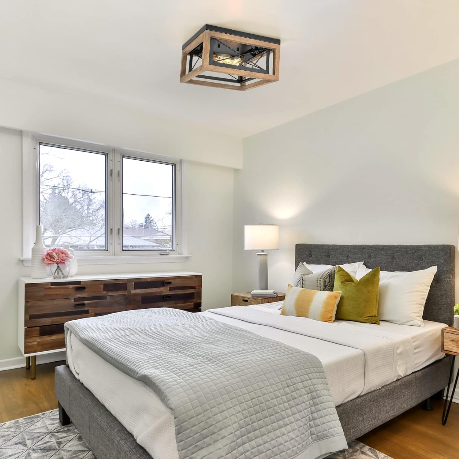 Farmhouse Ceiling Light Fixture, Wood Close To Ceiling Light Fixtures Flush Mount, 2-light Entry Hallway Light Fixtures Ceiling, Outdoor Ceiling Light For Bedroom Entryway Bathroom Kitchen Living Room - - 