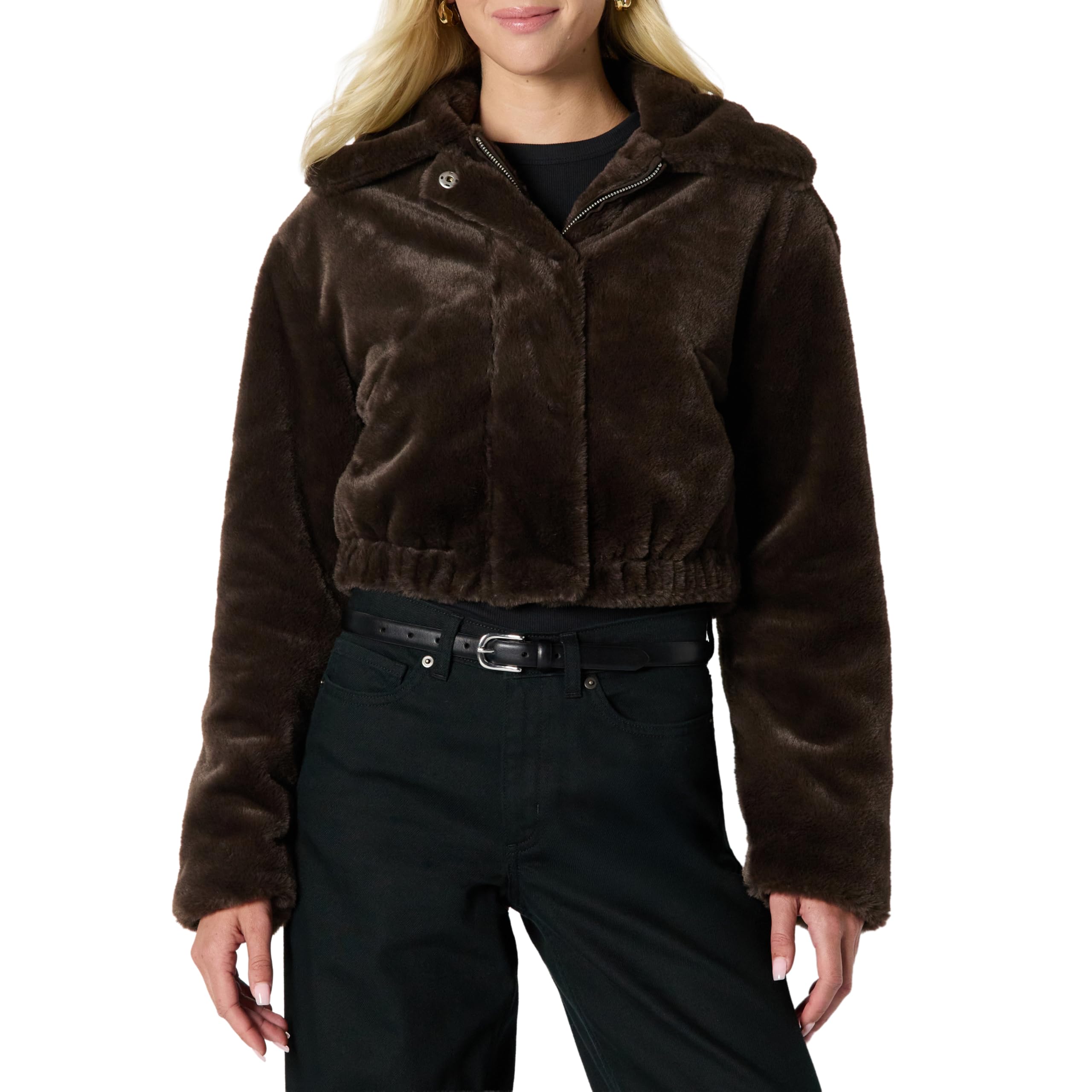 Amazon Essentials Women's Oversized-Fit Cropped Faux Fur Jacket with Collar, Dark Brown, XXL