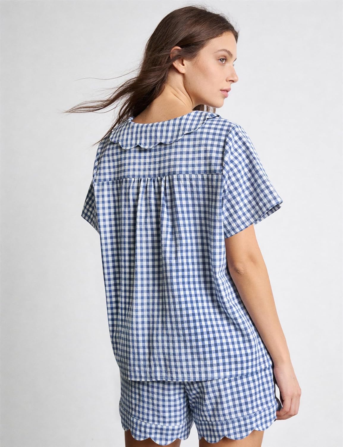 Kissonic Womens Gingham Pajama Set 2 Piece Scalloped Edge Plaid Babydoll Pjs Short Sleeve Cotton Sleepwear Lounge Set - Image 3