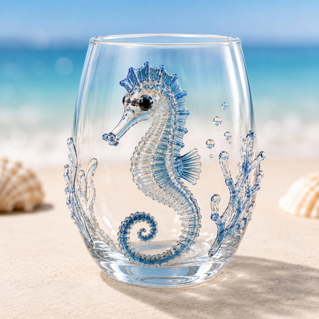pluffy Artisanal Blue Ringed Octopus Glassware, 3D Ocean Animal Artisan Glassware Collection for Fresher Sips (Seahorse)