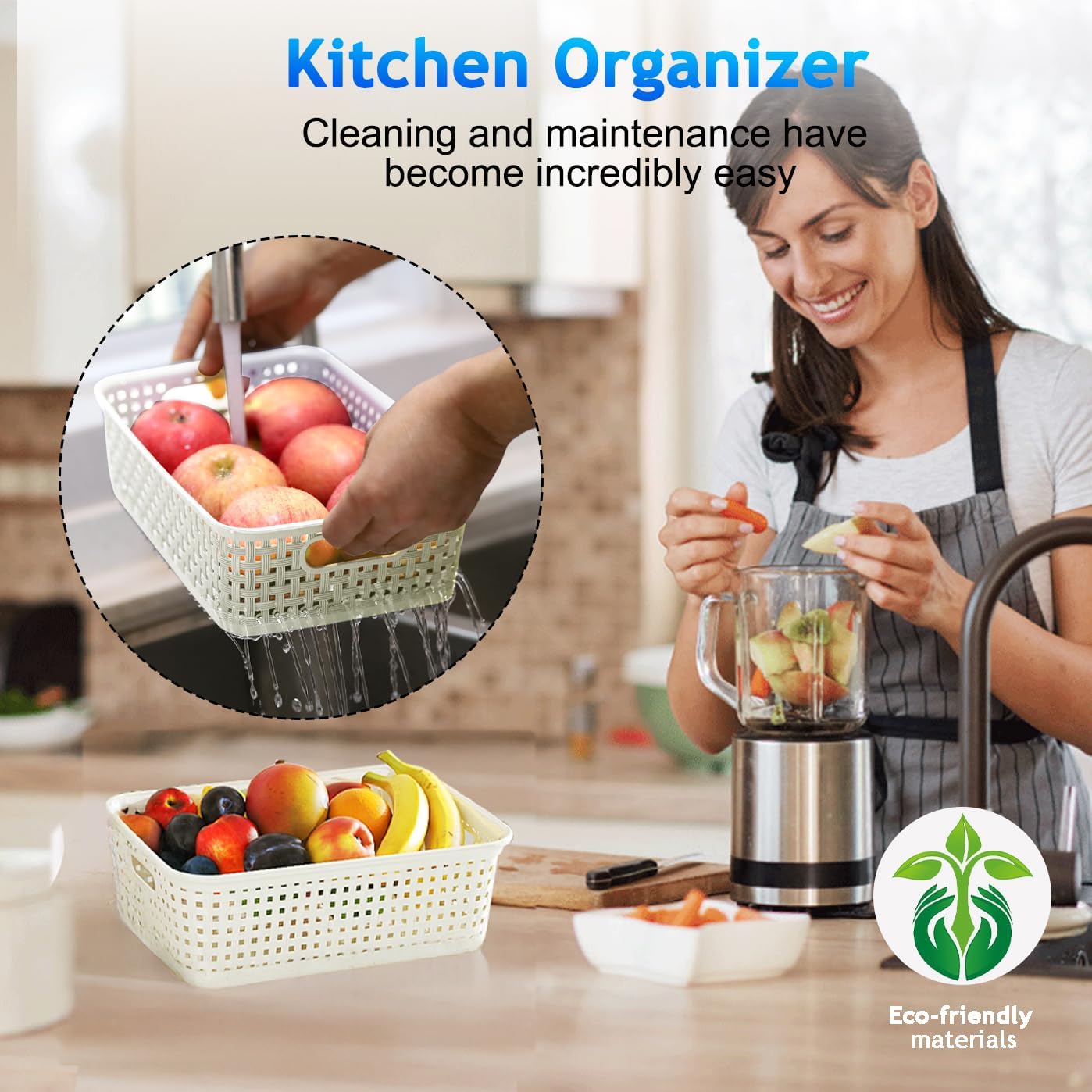 FUCDTEFC White Plastic Basket, 8 Pack Home Organization and Storage Baskets with Handles, Space Saving Woven Organizer Bins Plastic Storage Basket for Organizing Cabinets,Closets, Shelves, Countertops