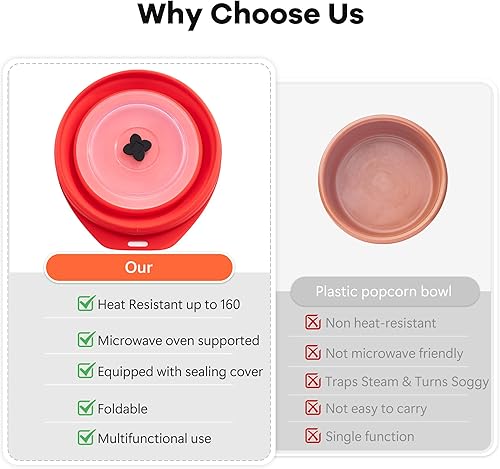 Miniatura 5 de Li&Zhao - Máquina de palomitas de maíz de silicona, para microondas, cuencos plegables reutilizables para noches de cine familiares (rojo)