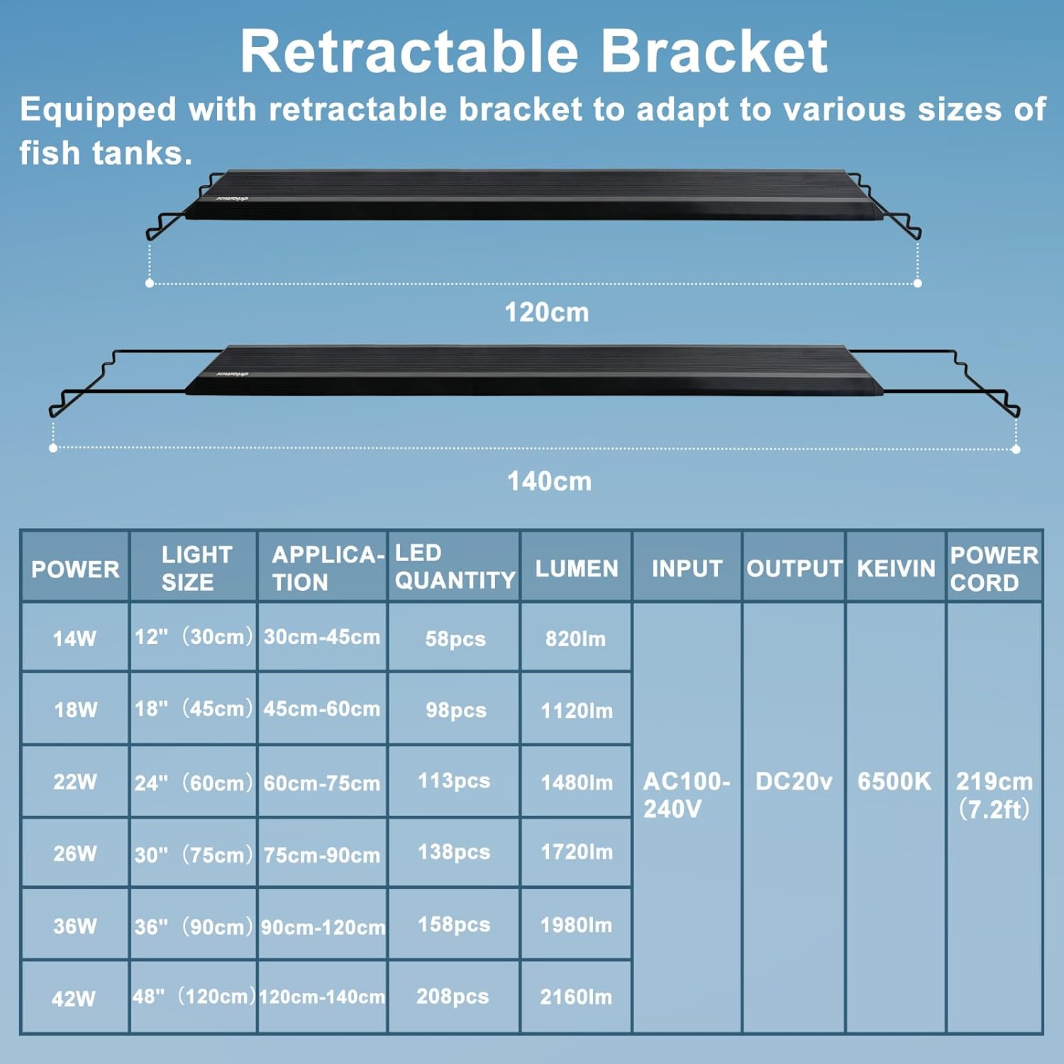 24/7 LED Aquarium Light, IP68 Waterproof Extendable Bracket Fish Tank Light with Timer, 7 Colors, 10 Level Adjustable Brightness, DIY Mode Full Spectrum Aquarium Plant Light for 48-54 Inch Fish Tank
