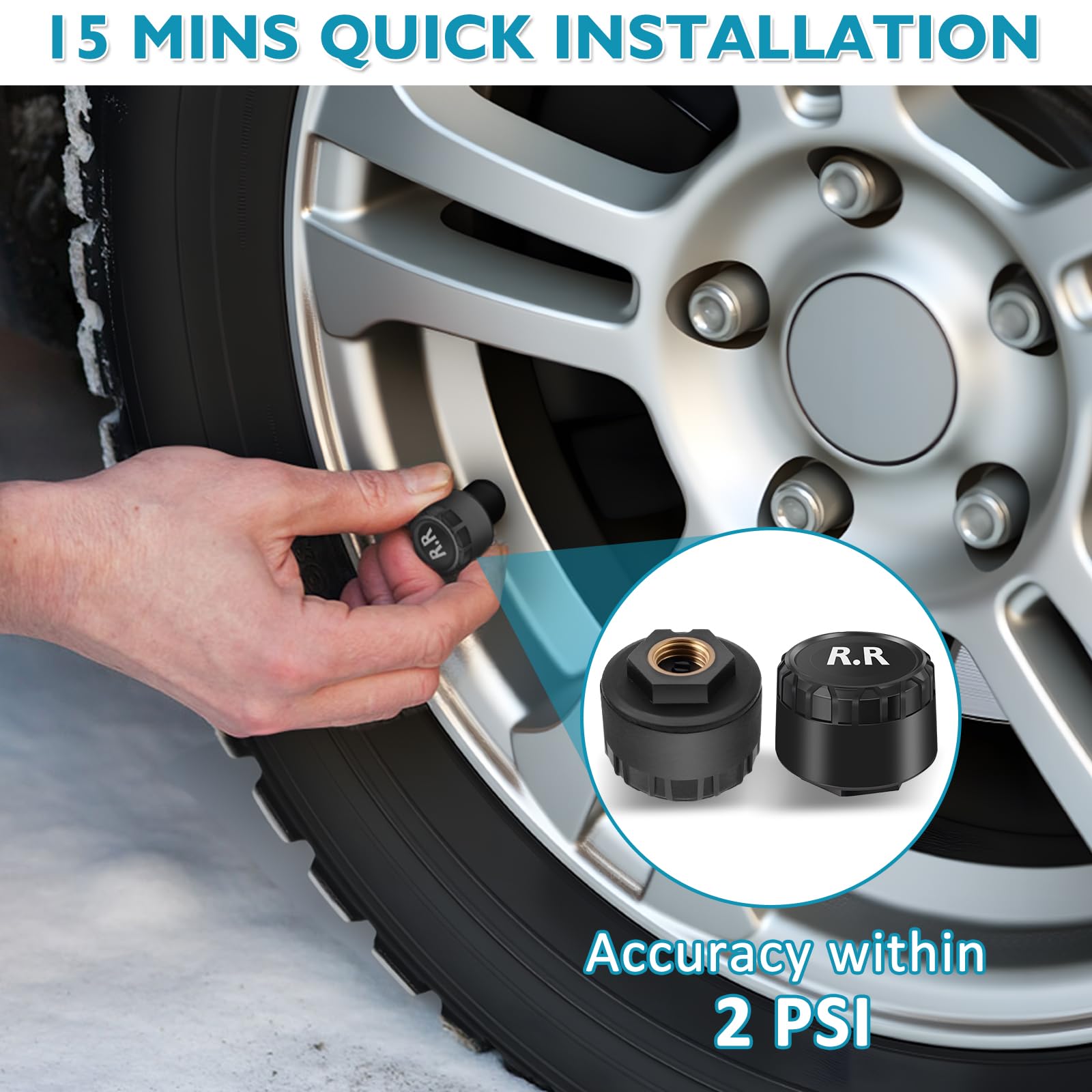KAOLALI TPMS Sistema di monitoraggio della pressione degli pneumatici, visualizzazione dell'ora e della temperatura TPMS, ricarica solare e funzione di ricarica USB, con 4 sensori esterni di pressione