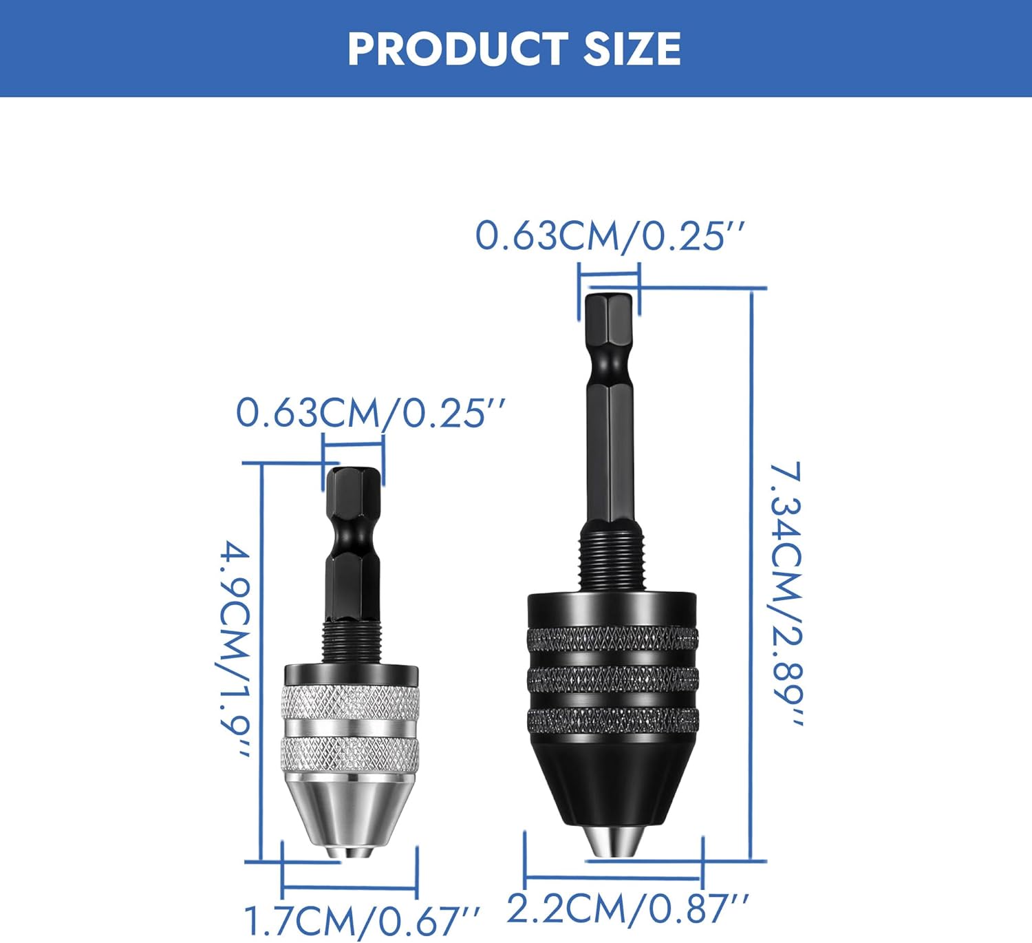 2 Pack Keyless Drill Chuck Adapter – 1/4" Hex Shank Quick Change, Heavy Duty Drill Bit Converter for Impact Driver & Power Tools, 2 Sizes: 0.3-6.5mm & 0.3-3.6mm