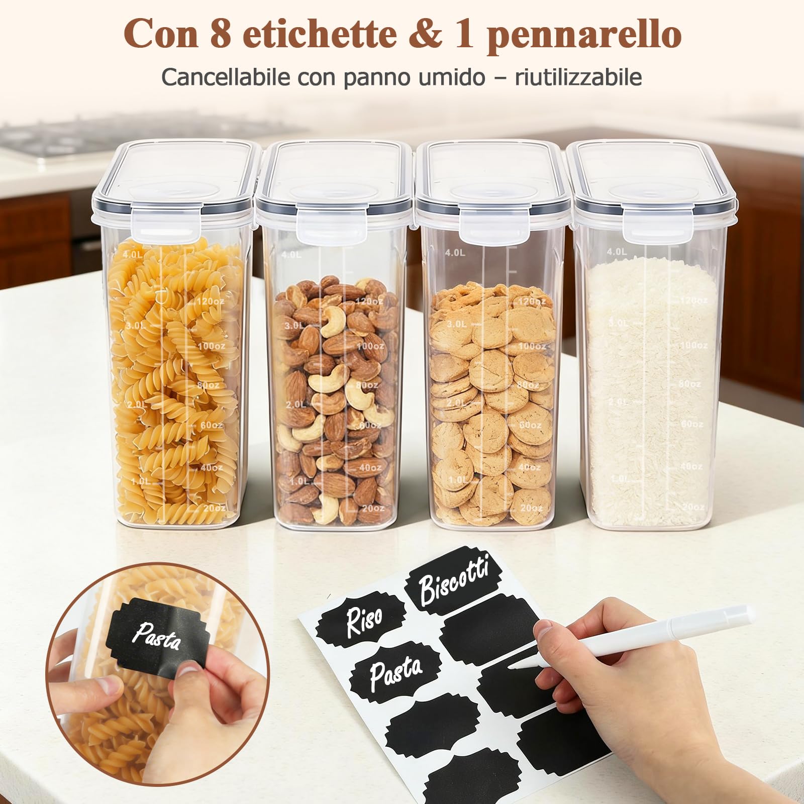 Contenitori Ermetici Alimentari con Coperchio 4L – Set da 4 Scatole di Conservazione per Cucina in Plastica, Ideale per Farina, Muesli, Cornflakes e Cereali, Include 8 Etichette e 1 Pennarello