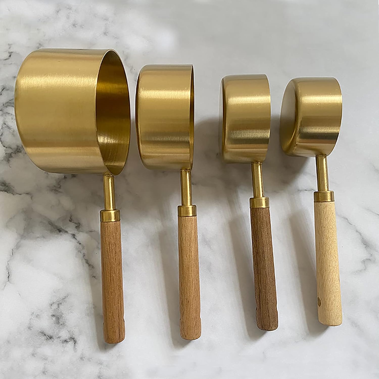 8 Piece Stainless Steel Measuring Cups and Spoons Set Plated with Titanium Gold, Measuring Tool with Walnut Wood Handle, Coffee Measuring Cups with Metric and Us Measurements for Cooking&Baking