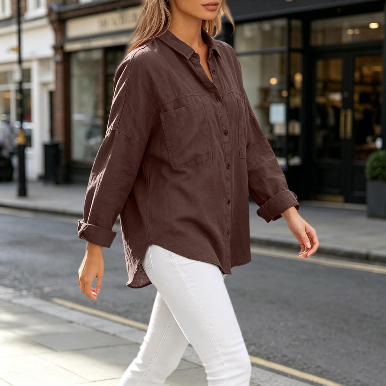 Womens Button Down Shirts Long Sleeve Tops V Neck | Womens Button Down Shirts Long Sleeve Tops V Neck Business Casual Blouses with Pockets Fall Clothes Outfits
