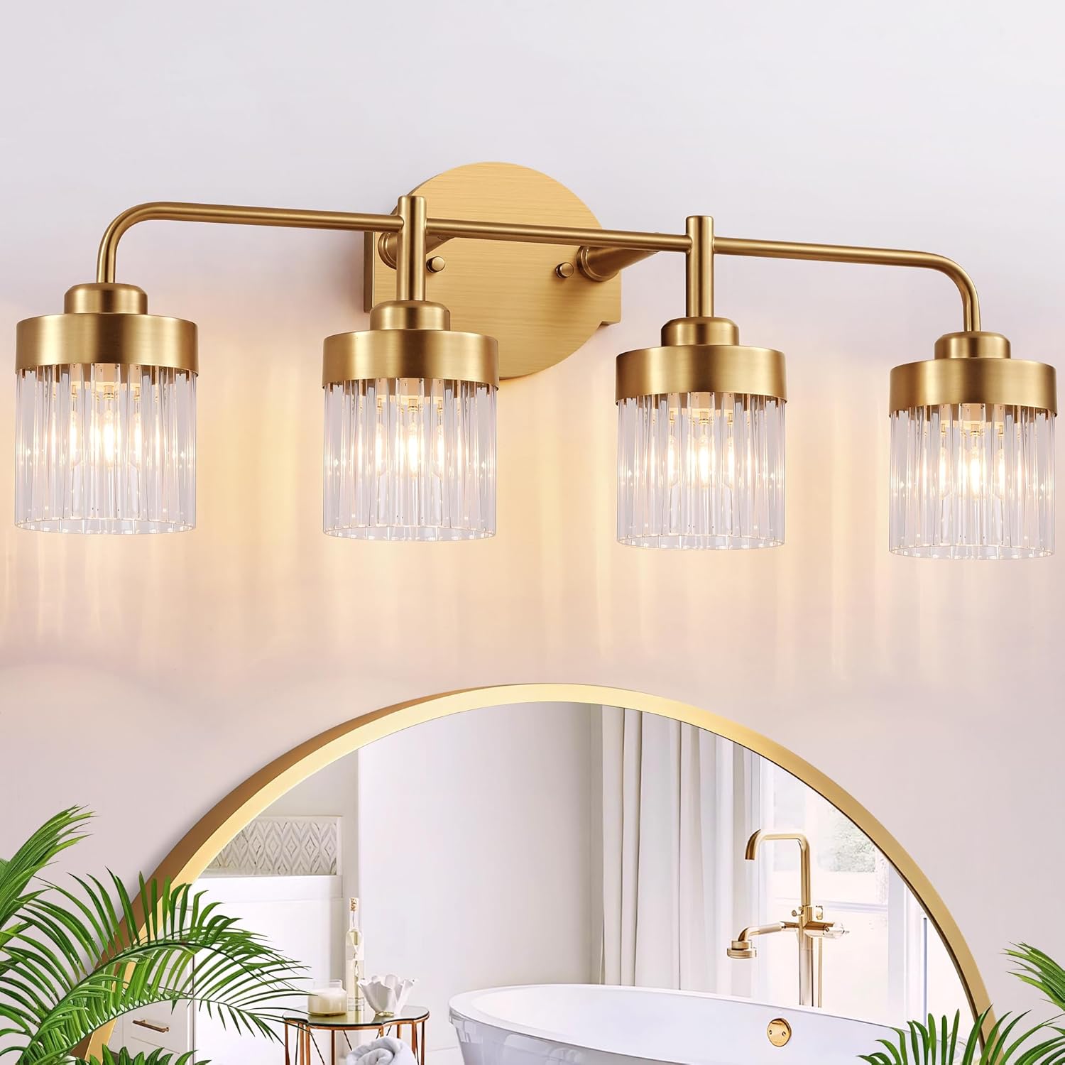 Crystal Modern Bathroom Vanity Light, 3 Light Brushed Gold Bathroom Light Fixtures, with Crystal Glass Shade, Bathroom Lighting Fixtures Over Mirror, Wall Light for Bedroom Living Room