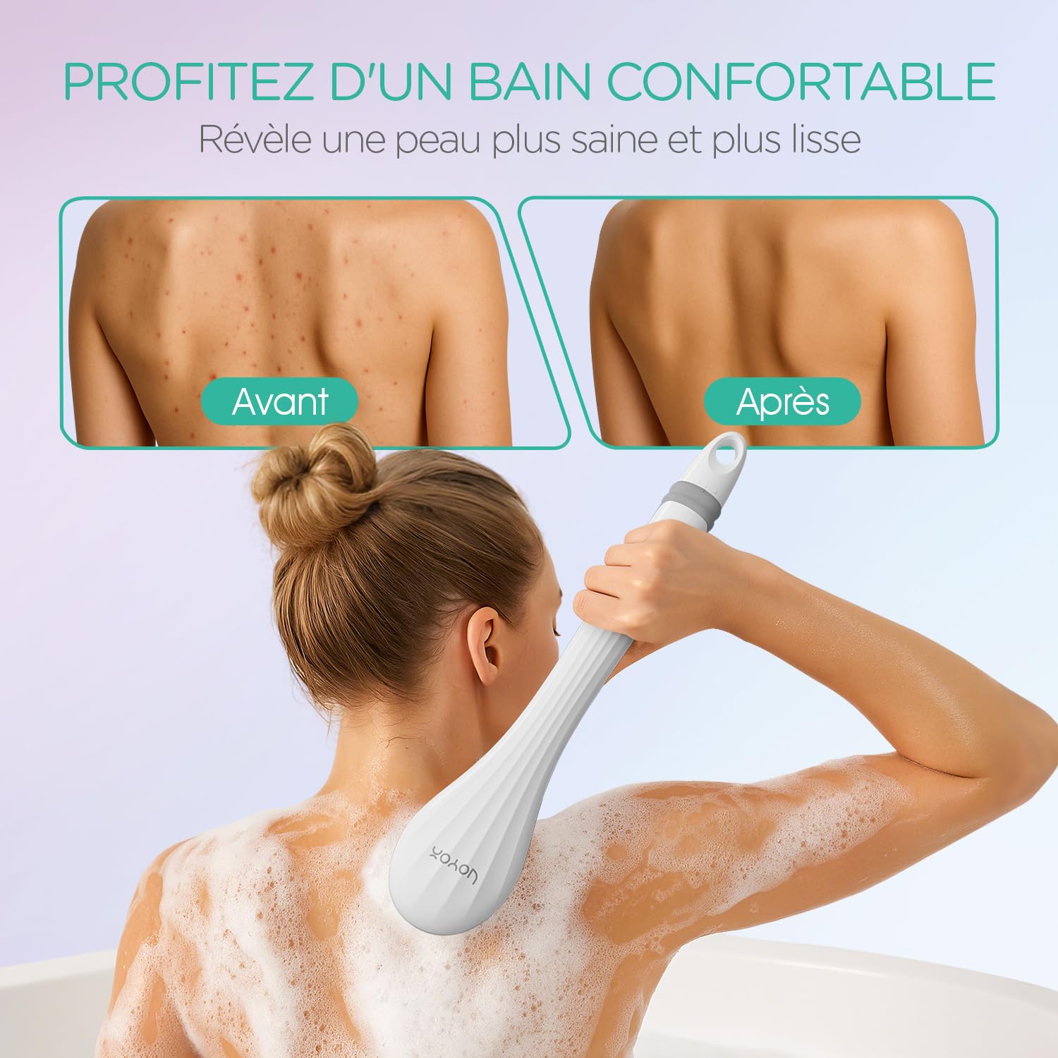 VOYOR 4 en 1 Brosse Dos Douche Électrique Brosse Douche pour Le Dos avec Manche Long pour Femme Homme Exfoliant, Nettoyage De La Peau, Massage Rechargeable Sans Fil BC100 (Gris)