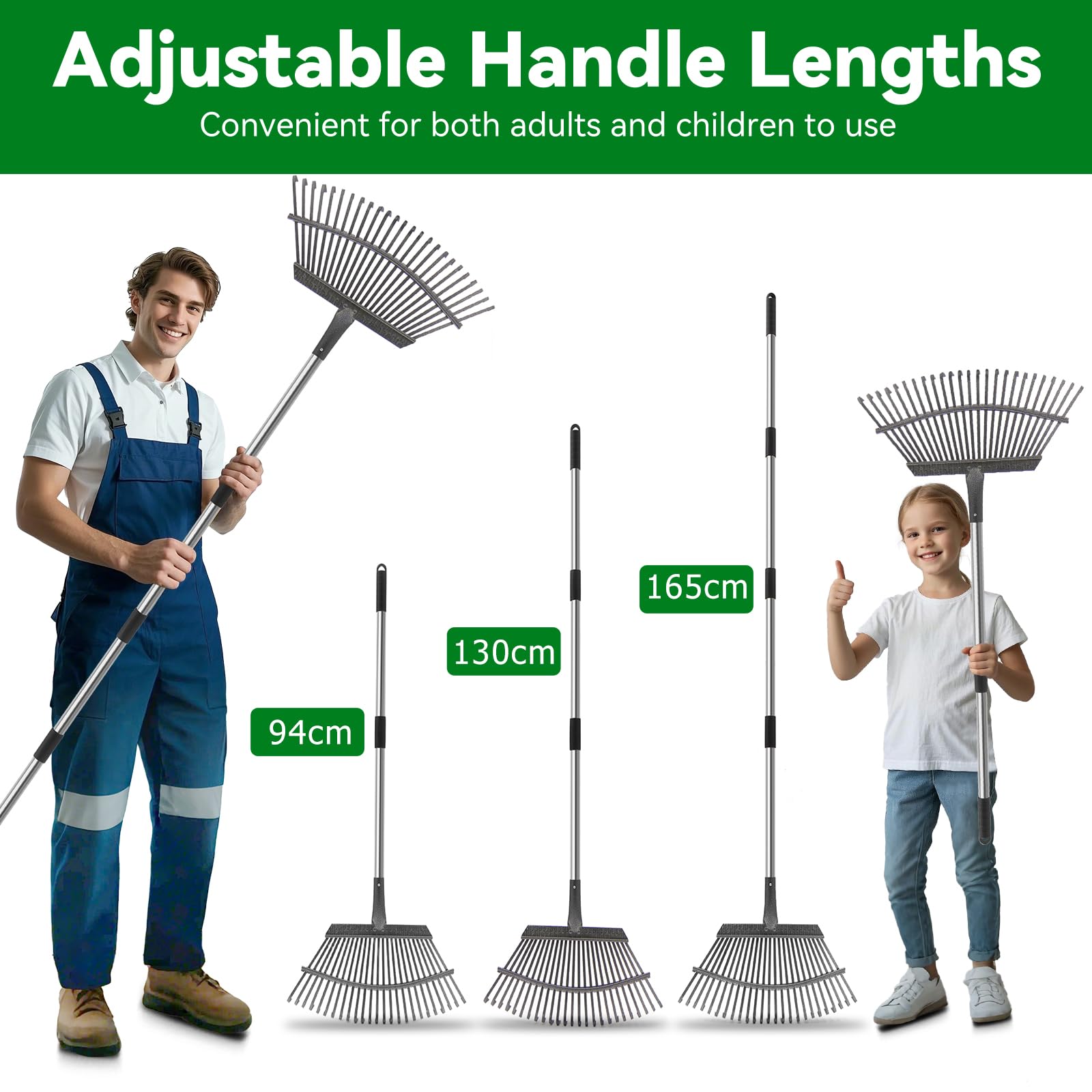 25-Zinken Garten Rechen für Laub, Rasen & Gras, Verstellbarer Langer Stiel Laubrechen, Breiter Metall-Rechenkopf, Ergonomisches Design, Effiziente Reinigung Laubsammler für Garten, Rasen, Moos