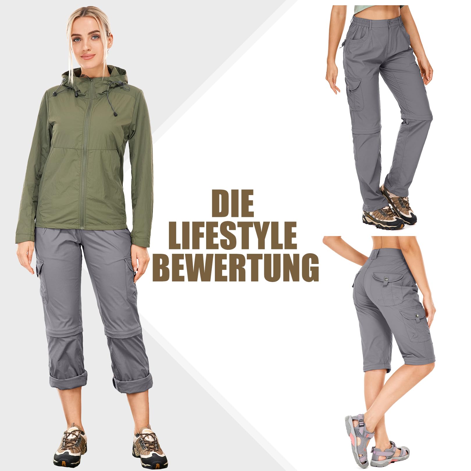 Damen-Wanderhose-Zip-Off-Trekkinghose, Atmungsaktiv Wanderhose Damen Schnell Stretch Trekkinghose Abnehmbar Funktionshose Outdoorhose Sommer Hiking Pants
