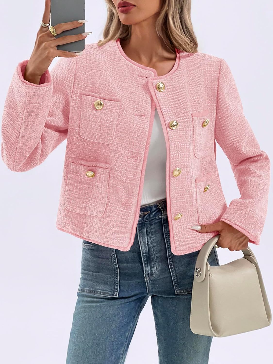 Cicy Bell Tweed Blazers for Women 2025 Collarless Button Down Womens Cropped Jackets - Image 2