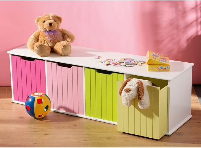 WHITE WOODEN TOY STORAGE UNIT WITH 4 COLOURED STORAGE BOXES Amazon.co