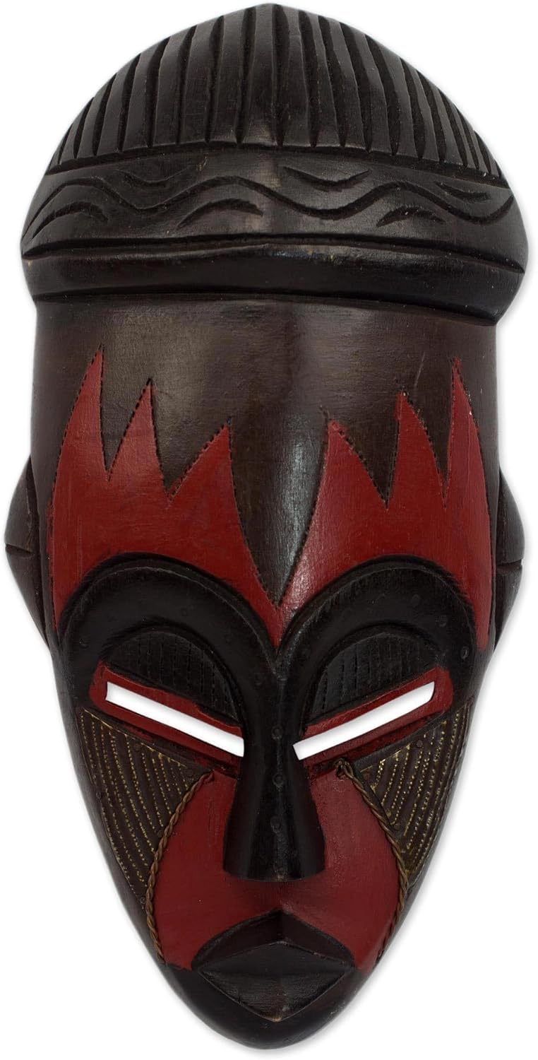 NOVICA Nigerian Red And Black Handcrafted African Rubberwood Mask With Brass Accents, 'Harvest Joy'