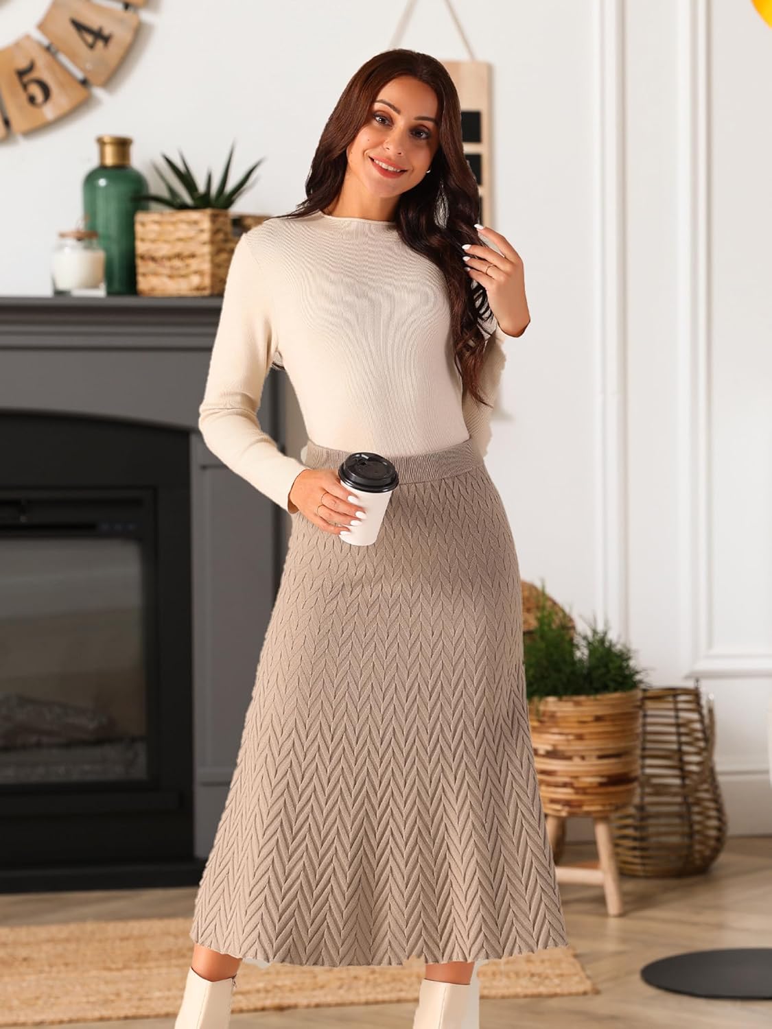 Seta T Women's Ribbed Knit A-Line Skirts Elastic High Waist Stretchy Sweater Midi Skirt - Image 5