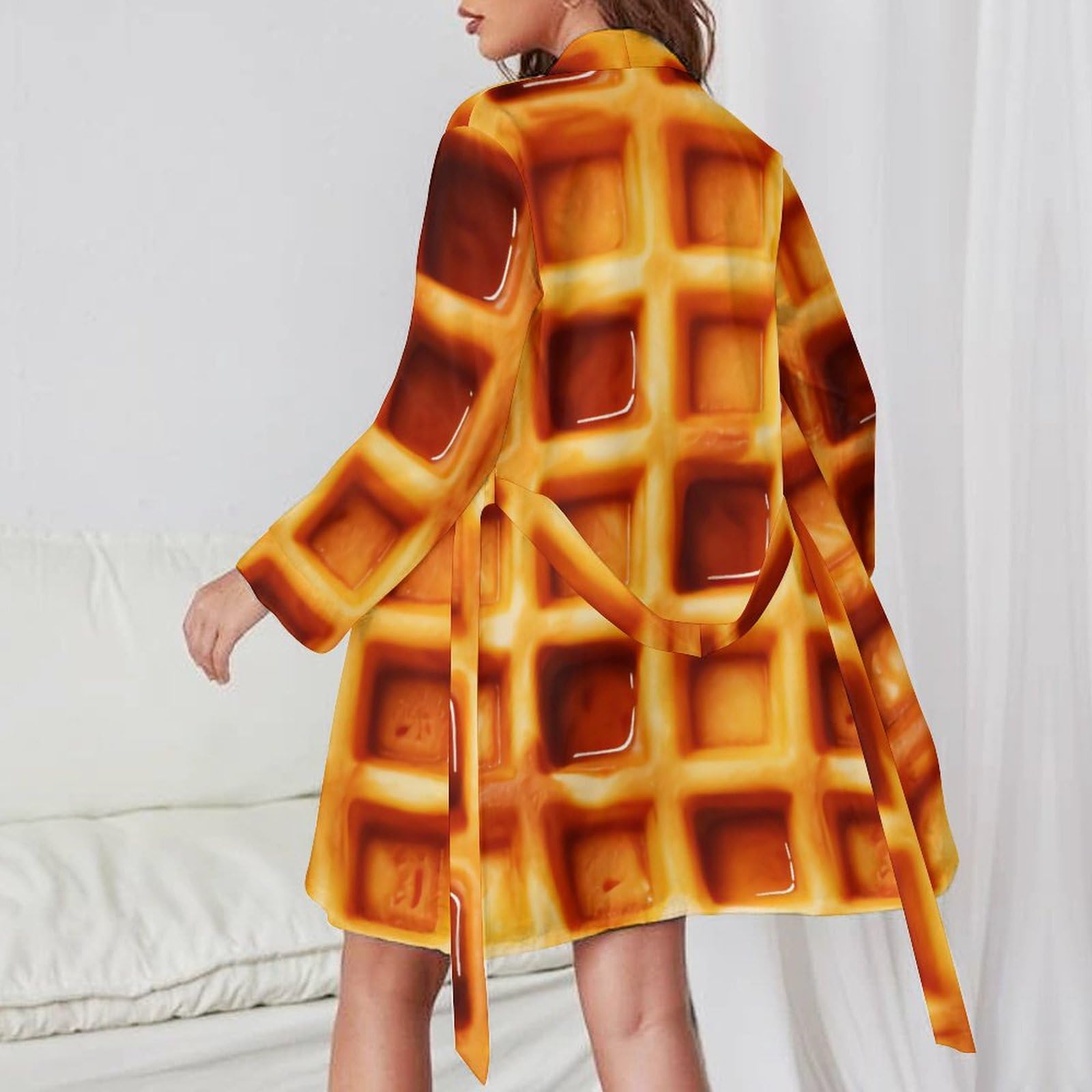 Waffles Food Women's Short Robes Long Sleeve Belted Bathrobe Nightgown V Neck Sleepwear