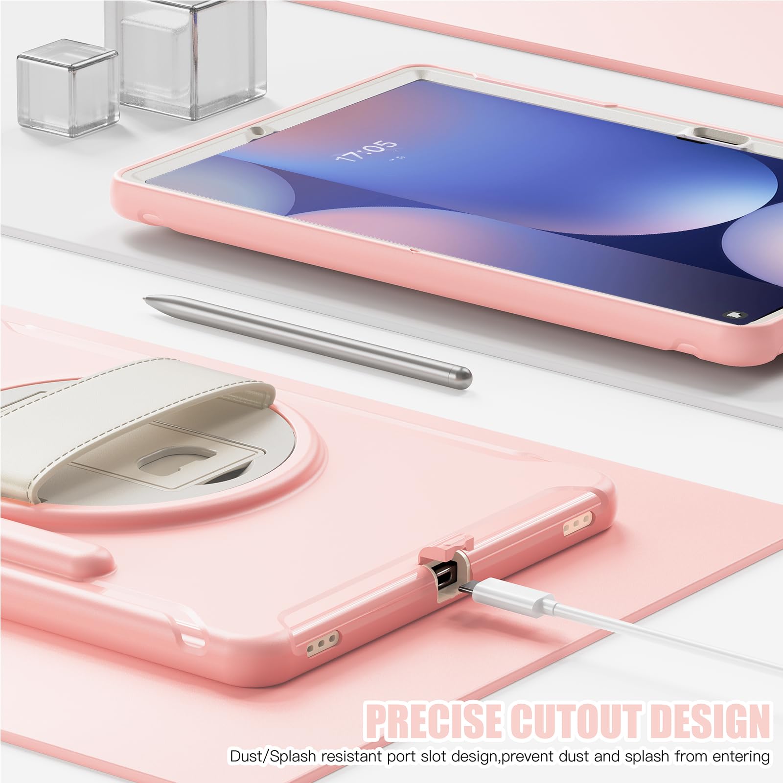 Junfire Schutzhülle für Samsung Galaxy Tab S9 Plus/S8 Plus/S7Plus/S7FE/S9 FE Plus, 12,4 Zoll Tablet Cover mit Kickstand, Handschlaufe, Stylus Halter, Rosa