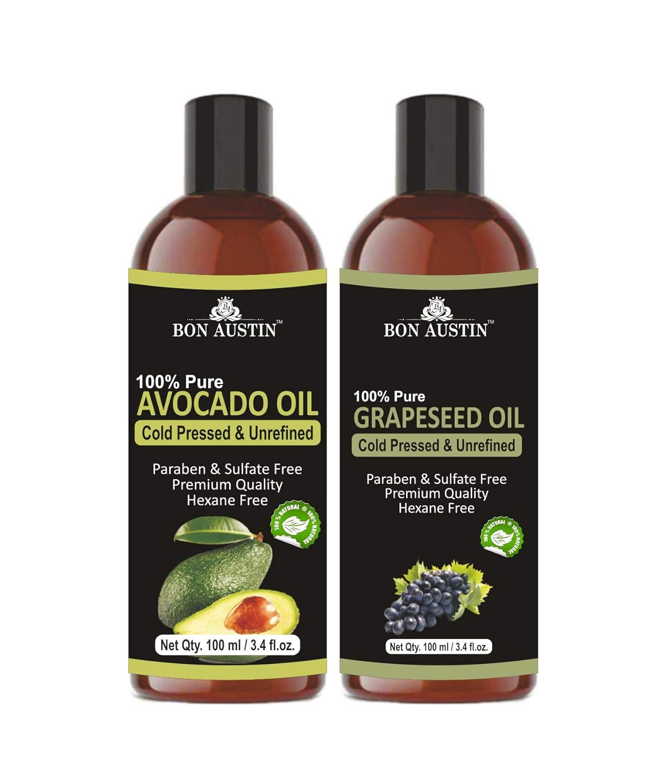 Bon Austin 100 Pure & Natural Avocado Oil & Grapeseed Oil Carrier Oil For Voluminous Hair