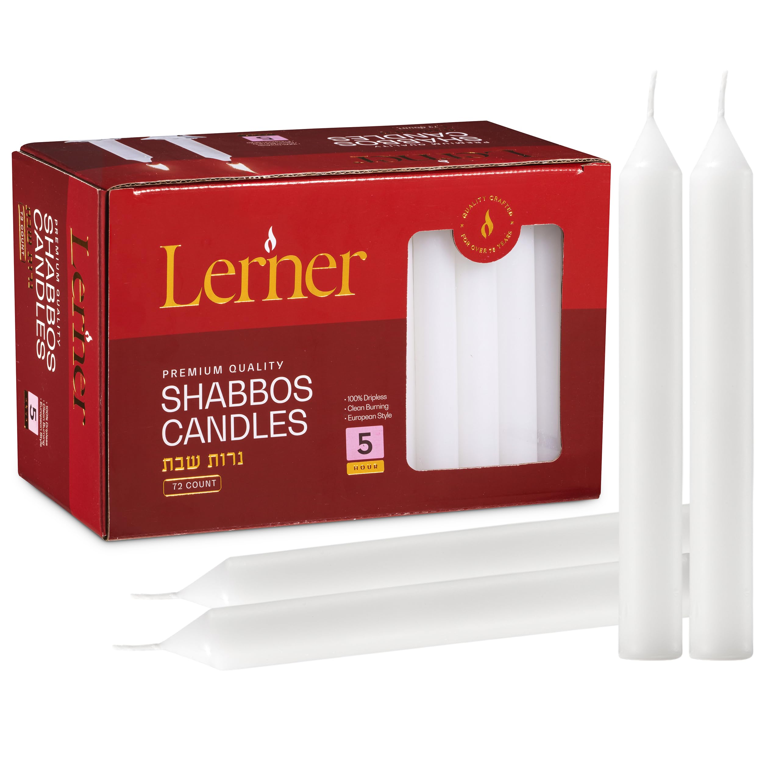 Lerner White Household Candlesticks, Pack of 72 | 5-Hour Burning Time | 6 Inch Tall Dinner Candles | 100% Dripless | Shabbat Candles | Candlesticks for Holidays, Churches, Décor, Emergencies