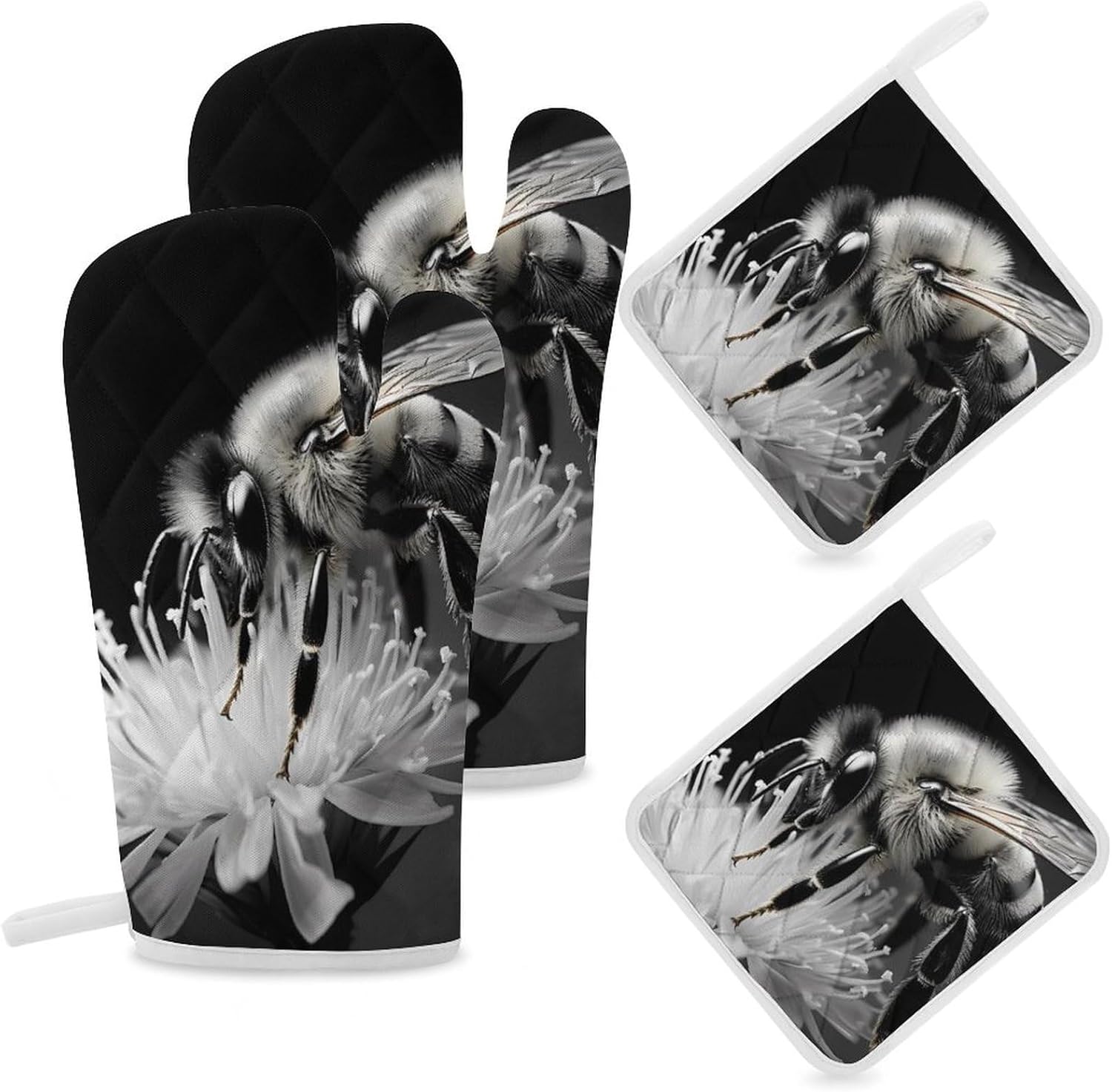 Country Bee Floral Bee 4 Pcs Oven Mitts and Pot Holders Set High Heat Resistant Long Kitchen Oven Glove Potholders