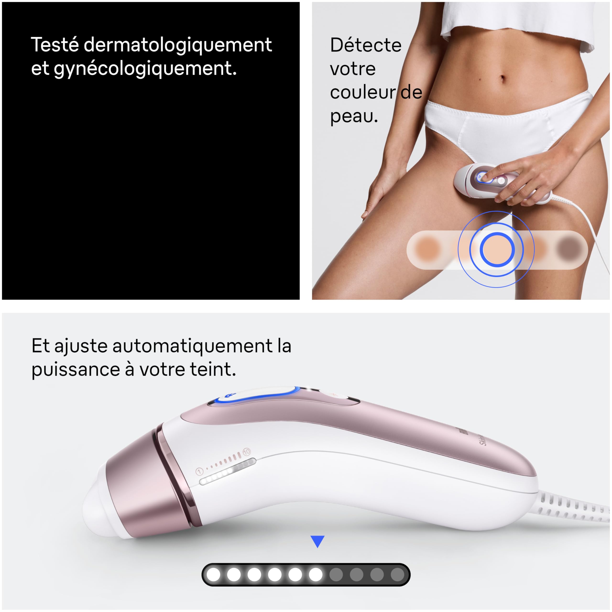 Braun Epilateur Lumiere Pulsee Intelligent Skin i·expert PL7311, Blanc et Bronze – Alternative au Laser à Domicile, Filaire, avec Pochette, Rasoir Gillette Venus, 3 Têtes, Connecté à L’Application