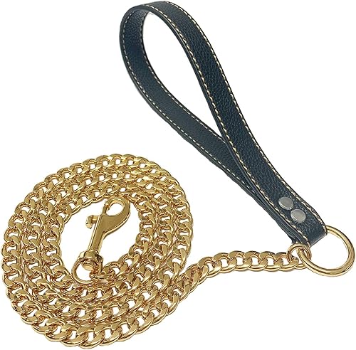 Miniatura 5 de Correa de perro de cadena de oro de acero inoxidable fuerte, con mango de cuero, correa de cadena de eslabones NK chapada en oro de 18 quilates de