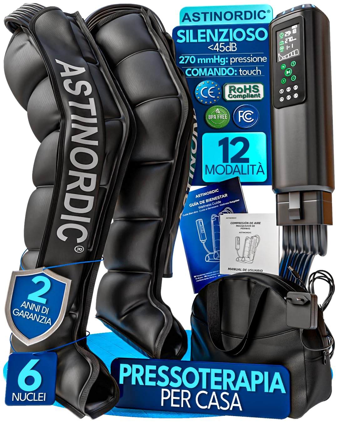 Pressoterapia per Casa 270 mmHg + Guida di Benessere – Massaggiatore Gambe con 6 Camere e 12 Modalità, Pressoterapia Linfodrenaggio Gambe, Macchina Uso Domestico, Stivali Compressione Aria (XL)