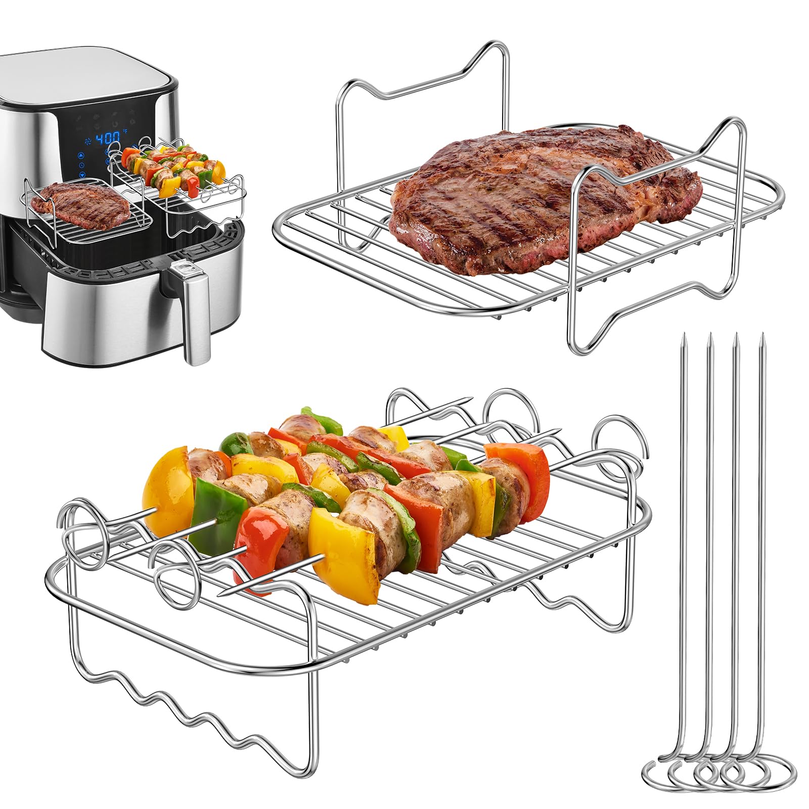 Ainiv 2 PCS Air Fryer Racks Compatible with Ninja Dual AF300UK AF400UK, Layered Dehydrator Rack, Skewer Rack with 4 Skewers, 304 Stainless Steel Dual Air Fryer Accessories for Grill, Oven, Air Fryer — image 1