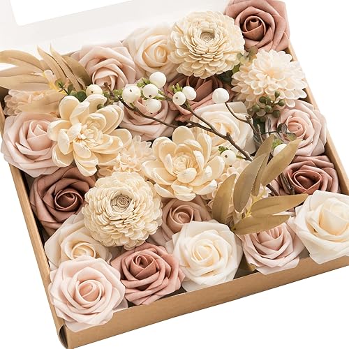 Miniatura 6 de Ling's Moment Juego de cajas combinadas de flores artificiales y vegetación color rosa terracota y crema, flores falsas lilas y malvas para ramo de