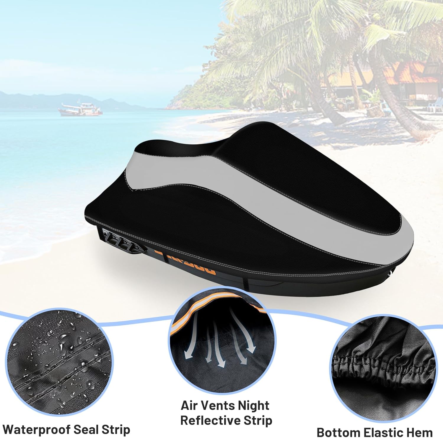 Trailerable Jet Ski Cover, Waterproof Tear and Fade Resistant Cover with 3 Windproof Buckles & Reflective Air Vent, Fits from 116" to 125" 2 Seater Black Sea Doo GTI Kawasaki(Black&Grey)