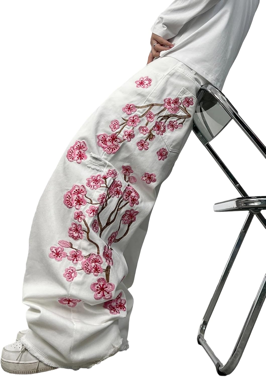 Men's Hip Hop Baggy Jeans Embroidered Wide Leg Skater Jeans Loose Fit Denim Pants Streetwear