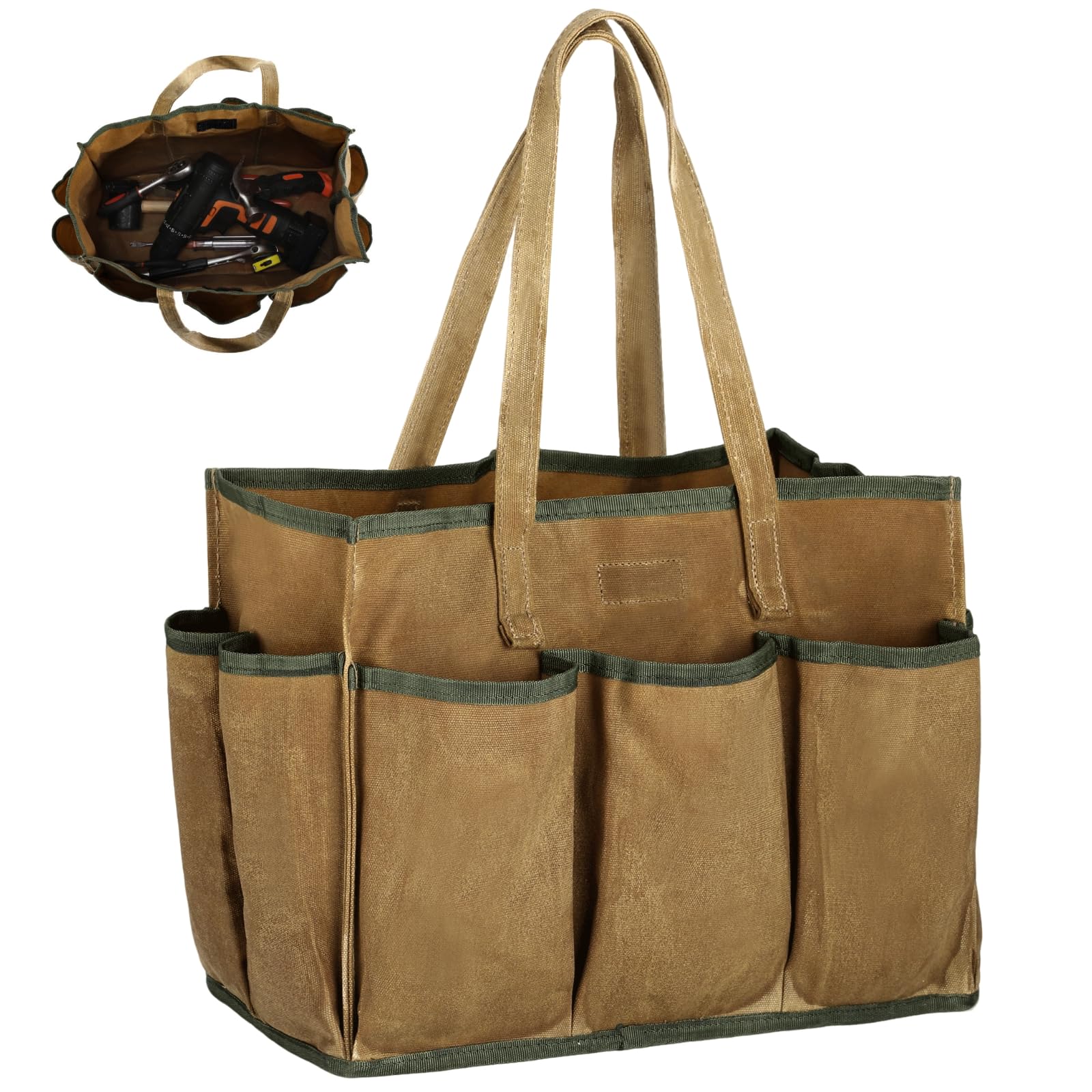 Heavy Duty Waxed Canvas Tool Tote Bag, Large Capacity Tools Organizer with Multiple Pockets, Reinforced Bottom Work Tool Carry Bag for Electricians Carpenters Mechanics Garage