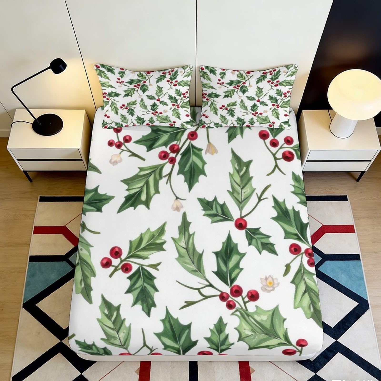 3D Printed Holly Berry Fitted Sheet Microfiber Soft Decorative Christmas Leaf Bed Cover for Bedroom Guest Room 90x200x25cm