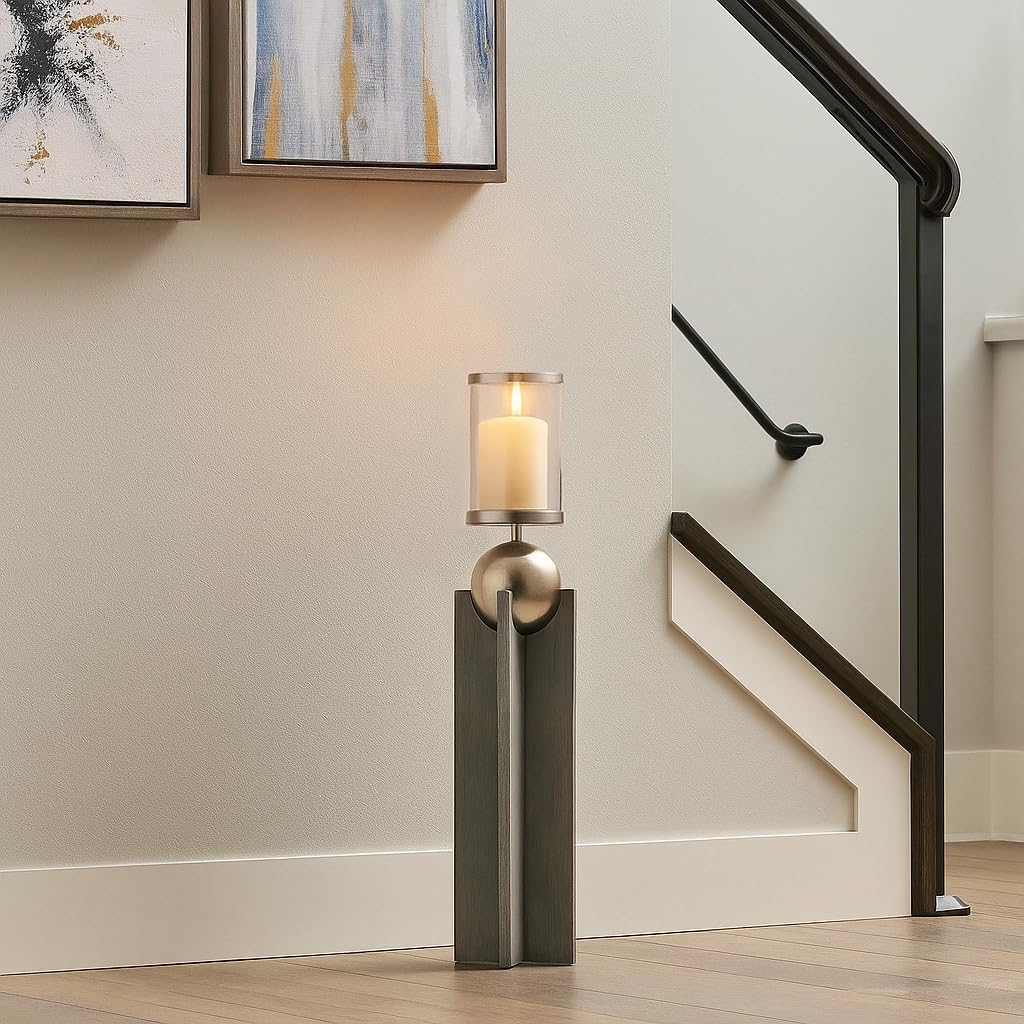 Elegant Tall Wood Candle Holder for Table Centerpiece - Decorative Pillar Candlestick Holder for Living Room, Entryway Table, or Shelf Accent - Modern Home Decor Accent for Bedroom Styling - 36", Gray