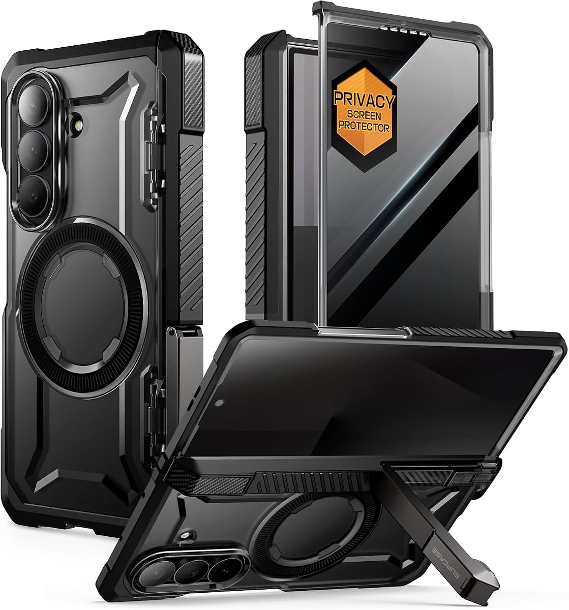 SUPCASE para Samsung Galaxy Z Fold 7 Funda con soporte, oscuro | Compatible con MagSafe, protector de pantalla de privacidad incorporado, protección de grado militar, cobertura de bisagra, agarre Unicorn Beetle