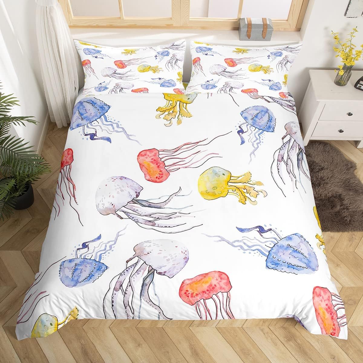 Erosebridal Kids Cute Cartoon Bed Set Jellyfish Duvet Cover, Rainbow Jellyfish Bedding Set Twin Red Gray Yellow Blue Comforter Cover, Ocean Animal Sealife Bed Cover Watercolor Decor (No Comforter)