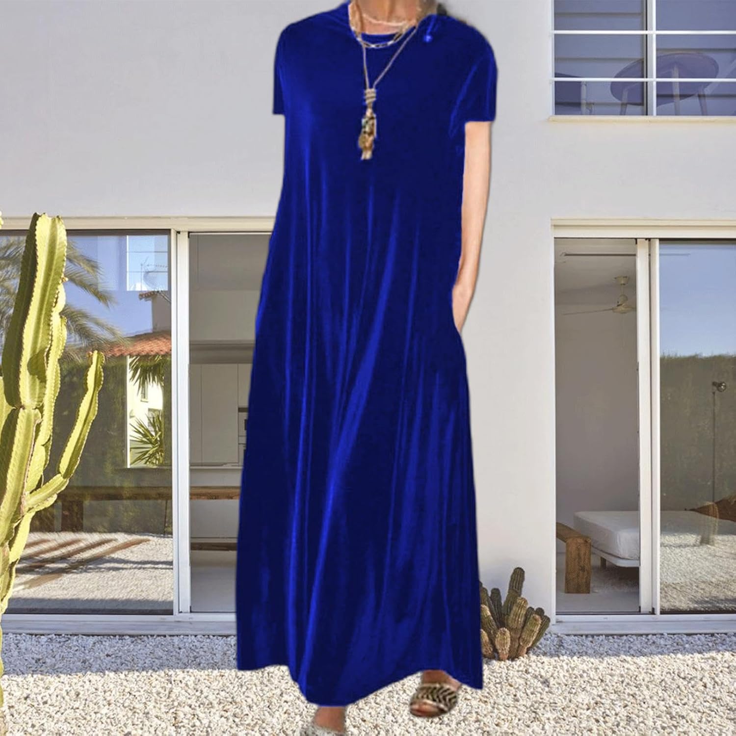 Velvet Long Sleeve Maxi Dress for Women Fall Wedding Guest Cocktail Dresses Loose Fit Crew Neck Flowy Plus Size - Image 5