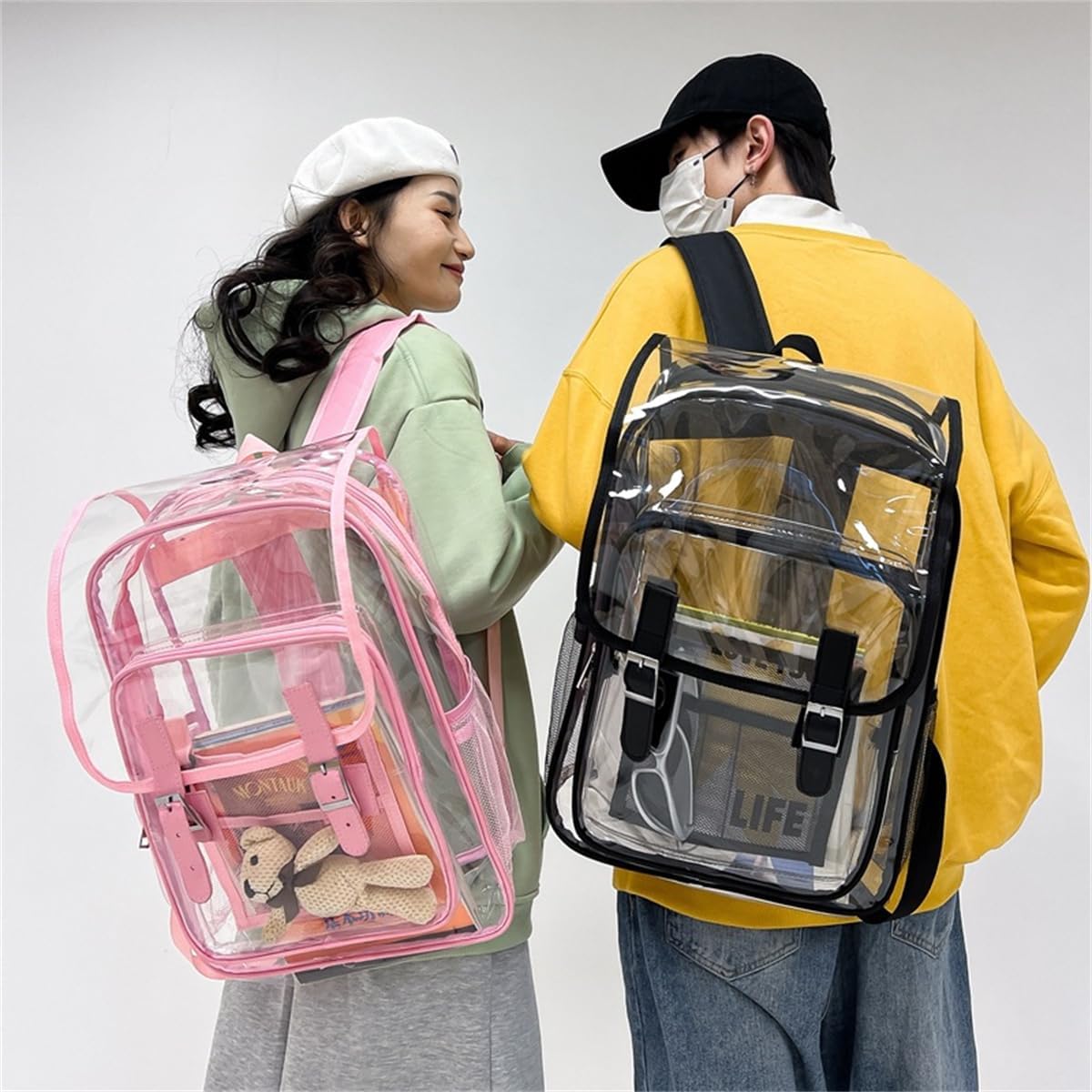 Plastic See Through Purses/Backpacks, Light Flight Clear Backpack Heavy Duty Transparent Backpack for Work Sports (Grey)