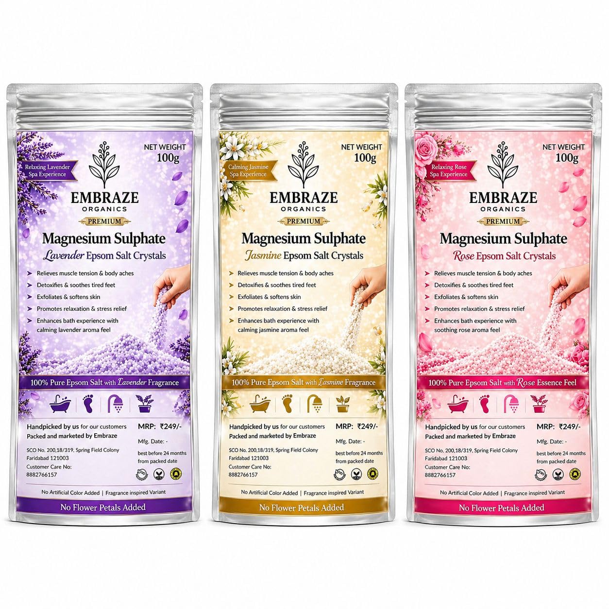 Premium Magnesium Sulphate Epsom Salt Crystals Combo Pack | Lavender, Jasmine & Rose Fragrance | Relaxing Bath Salt for Foot Soak, Spa, Stress Relief & Skin Care | Pack of 3 | 100g X 3 | 300g-image-32