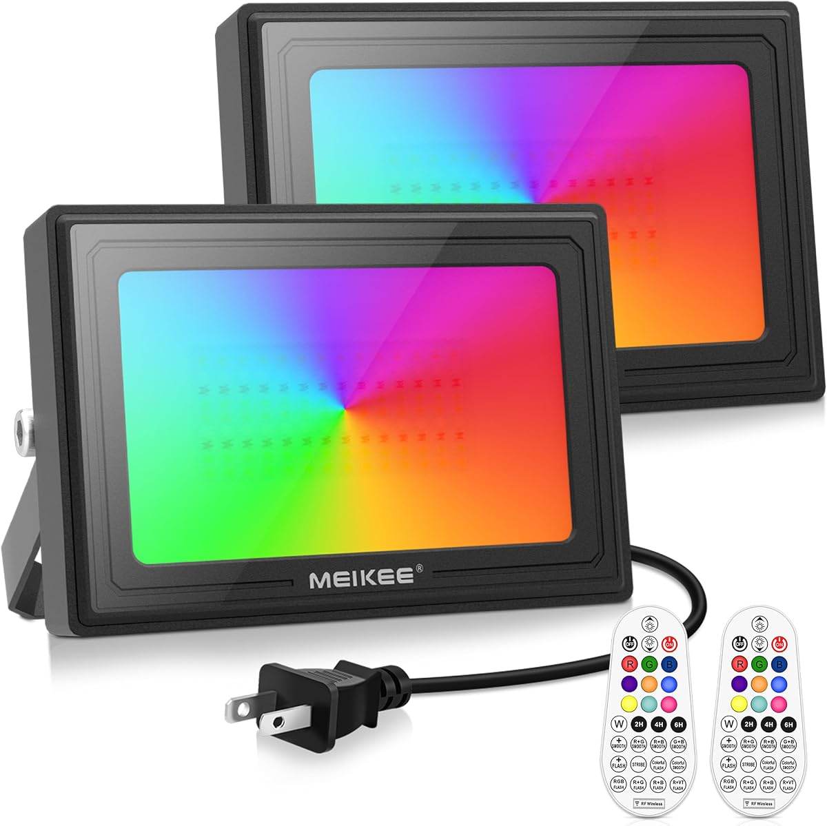 MEIKEE 60W RGB LED Flood Lights Outdoor 6000LM Color Changing Floodlights | Dimmable Timing Memory IP66 Waterproof Wall Stage Lights with Remote for Christmas Halloween Decorations 2-Pack